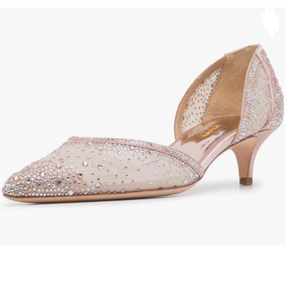 XYD Pale Pink Elegant Pointed Toe D'Orsay Kitten Heel Rhinestone Studs Pump